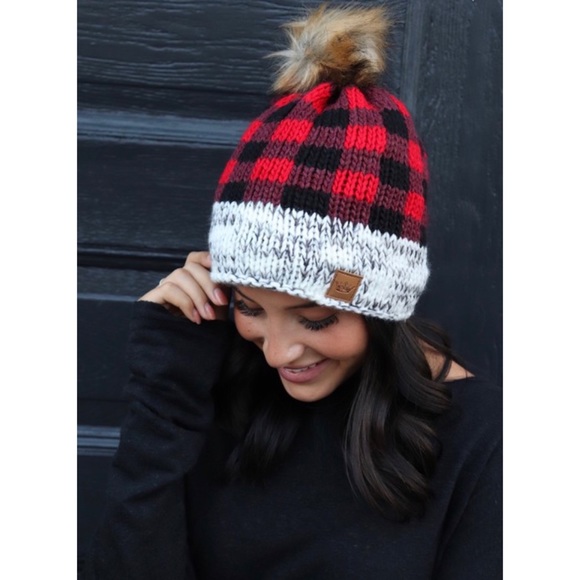 SOLD OUT Red & Brown Buffalo Plaid Fleece Lined Beanie - Picture 2 of 5